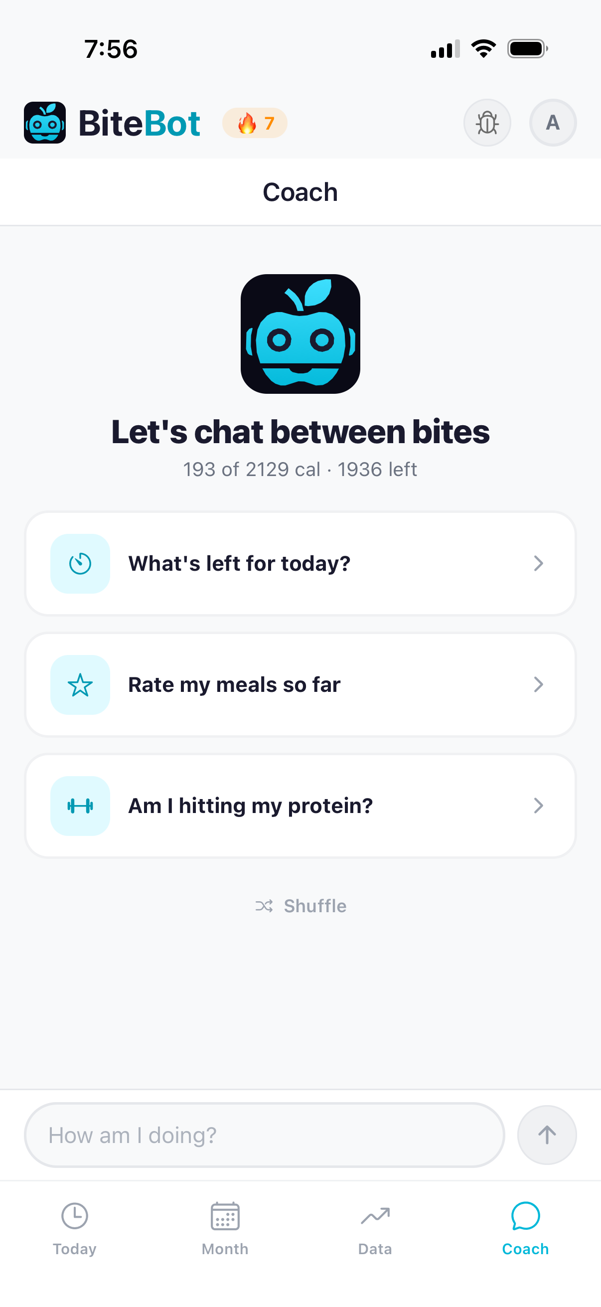 BiteBot chat empty state titled 'Let's chat between bites' with three prompt cards inviting questions about the day