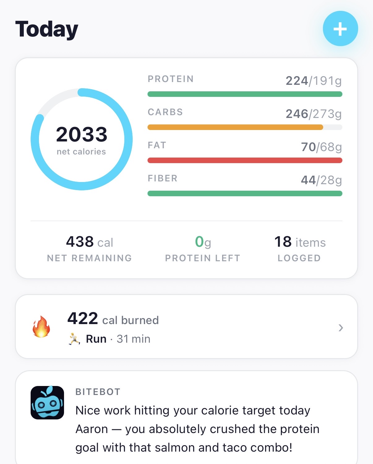 Coach message: 'Nice work hitting your calorie target today Aaron — you absolutely crushed the protein goal with that salmon and taco combo!'