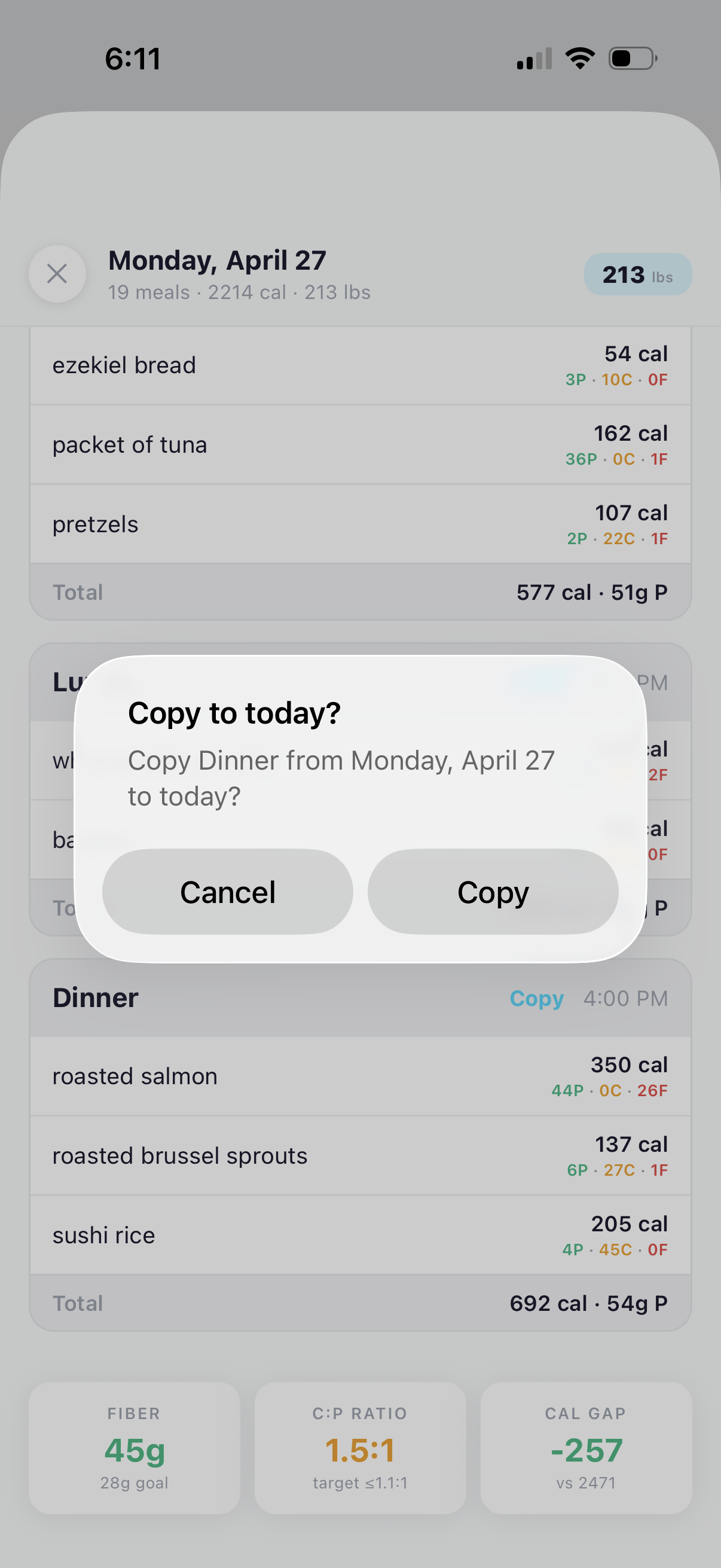 Confirm dialog: 'Copy Dinner from Monday, April 27 to today?'