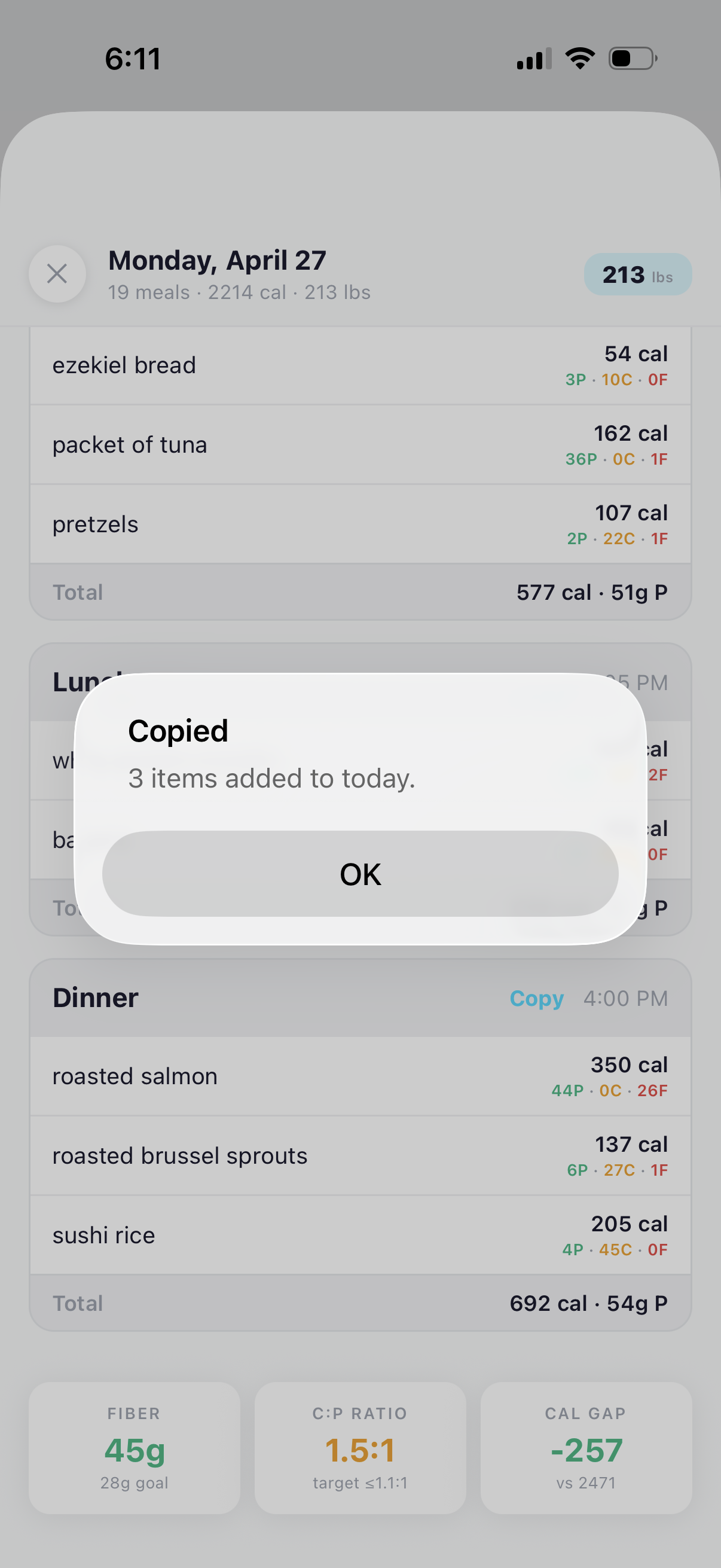 Success state: 'Copied — 3 items added to today'