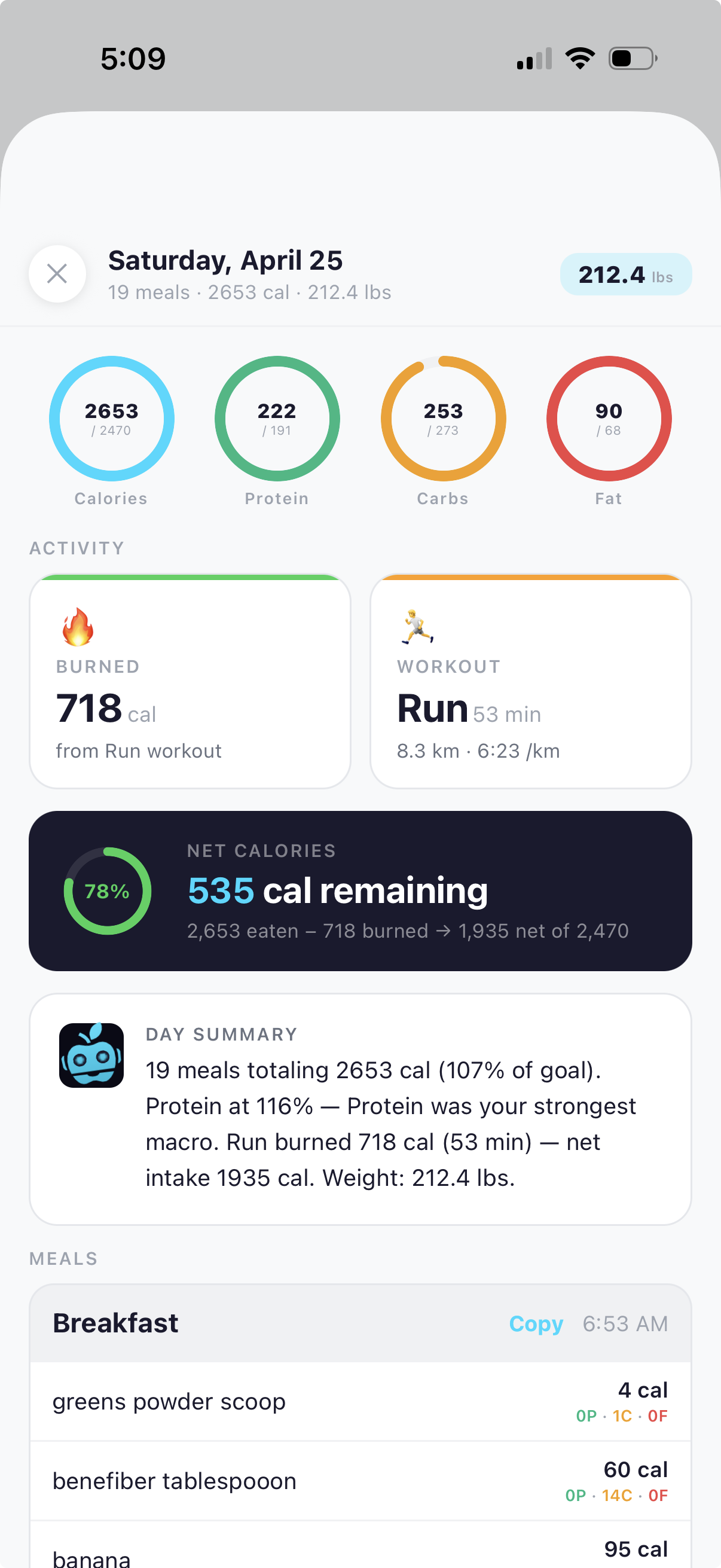 Saturday April 18 day detail with macro rings, Run workout activity, and a day summary in coach voice