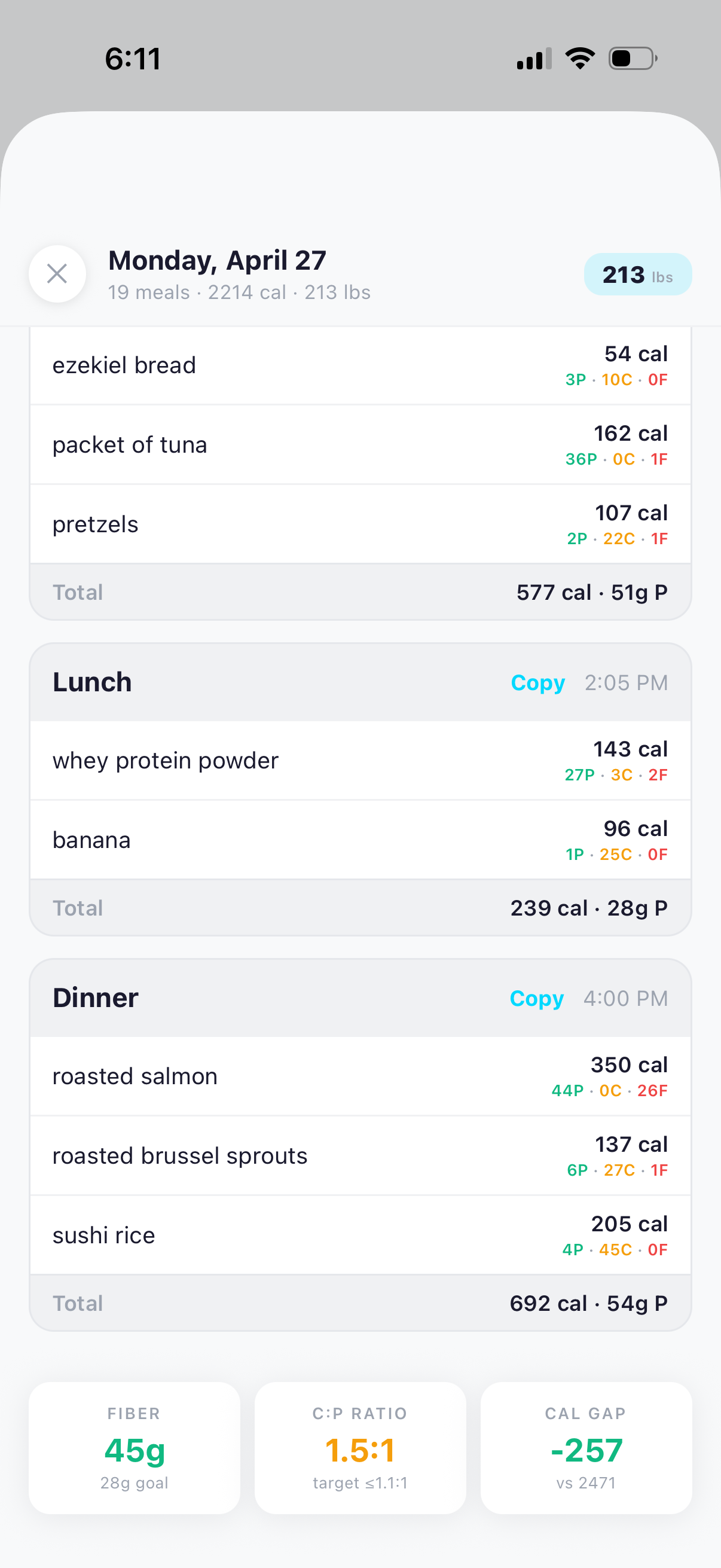 Past day with per-meal Copy affordances visible