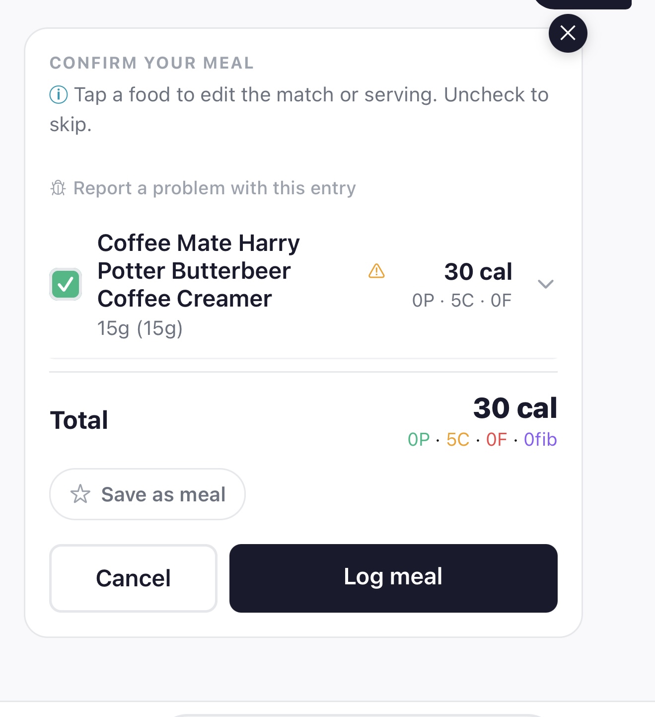 A specialty Coffee Mate Harry Potter Butterbeer creamer recognized by BiteBot with a verification flag