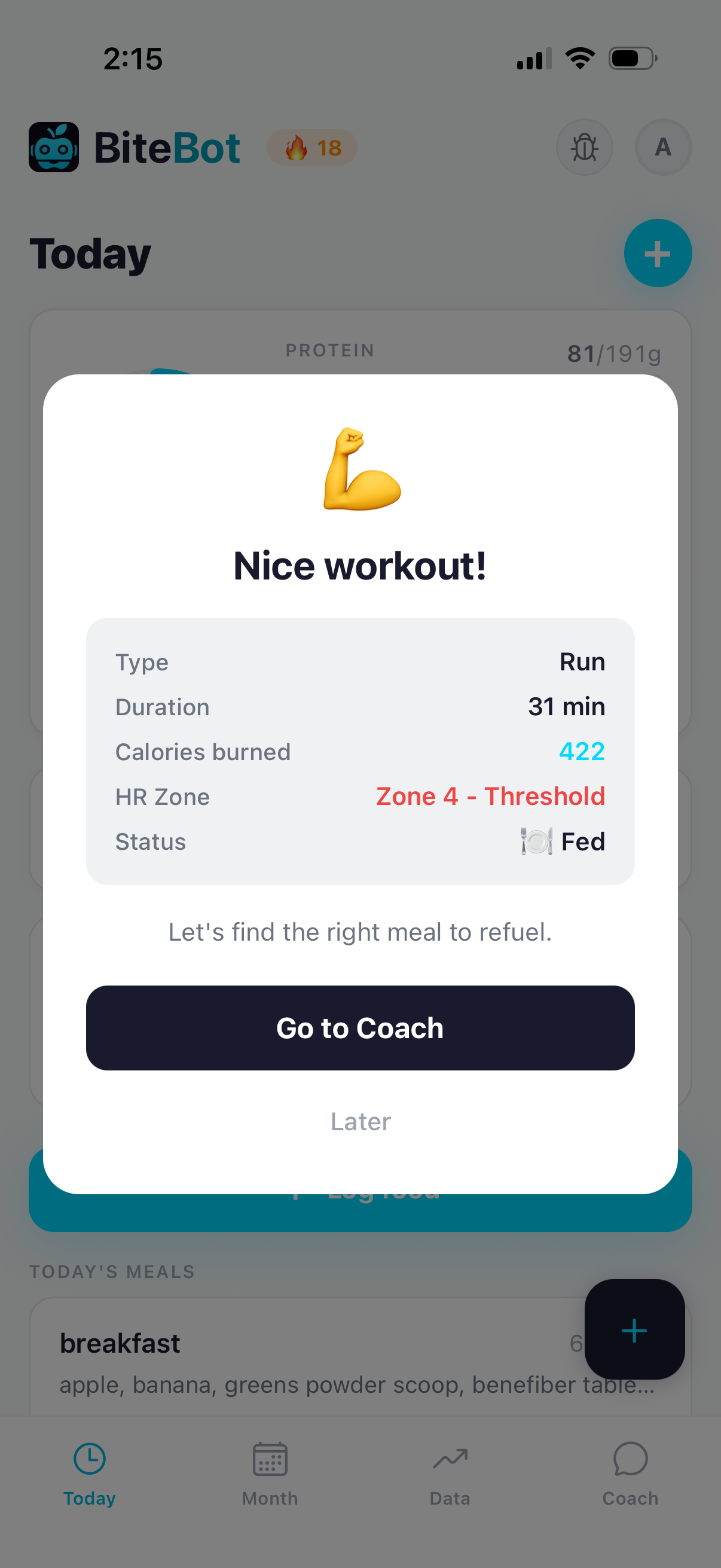 Post-workout recovery card with Run, 31 min, 422 cal, Zone 4 - Threshold, and Fed status, plus a 'Go to Coach' button