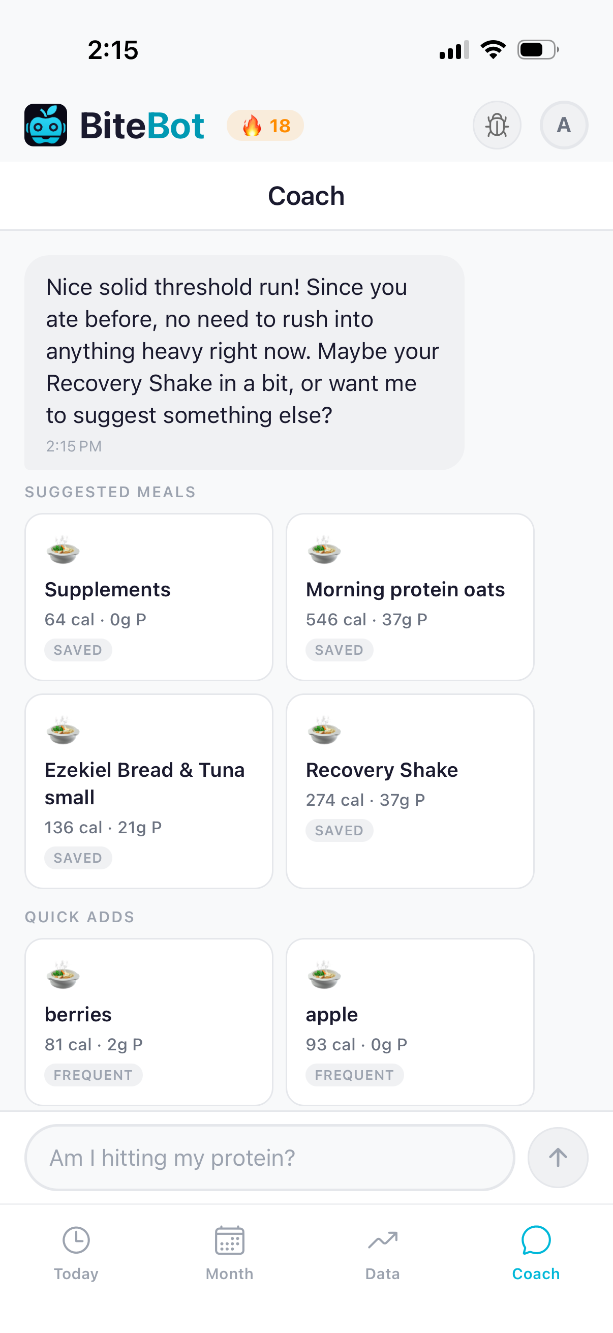 Coach response post-tap with 'Nice solid threshold run!' and recovery suggestions including a Recovery Shake, supplements, and Quick Adds