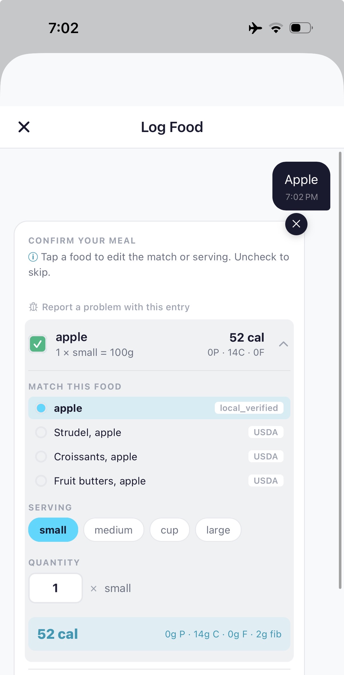 Confirm meal screen showing 'local_verified' and 'USDA' source badges next to multiple foods