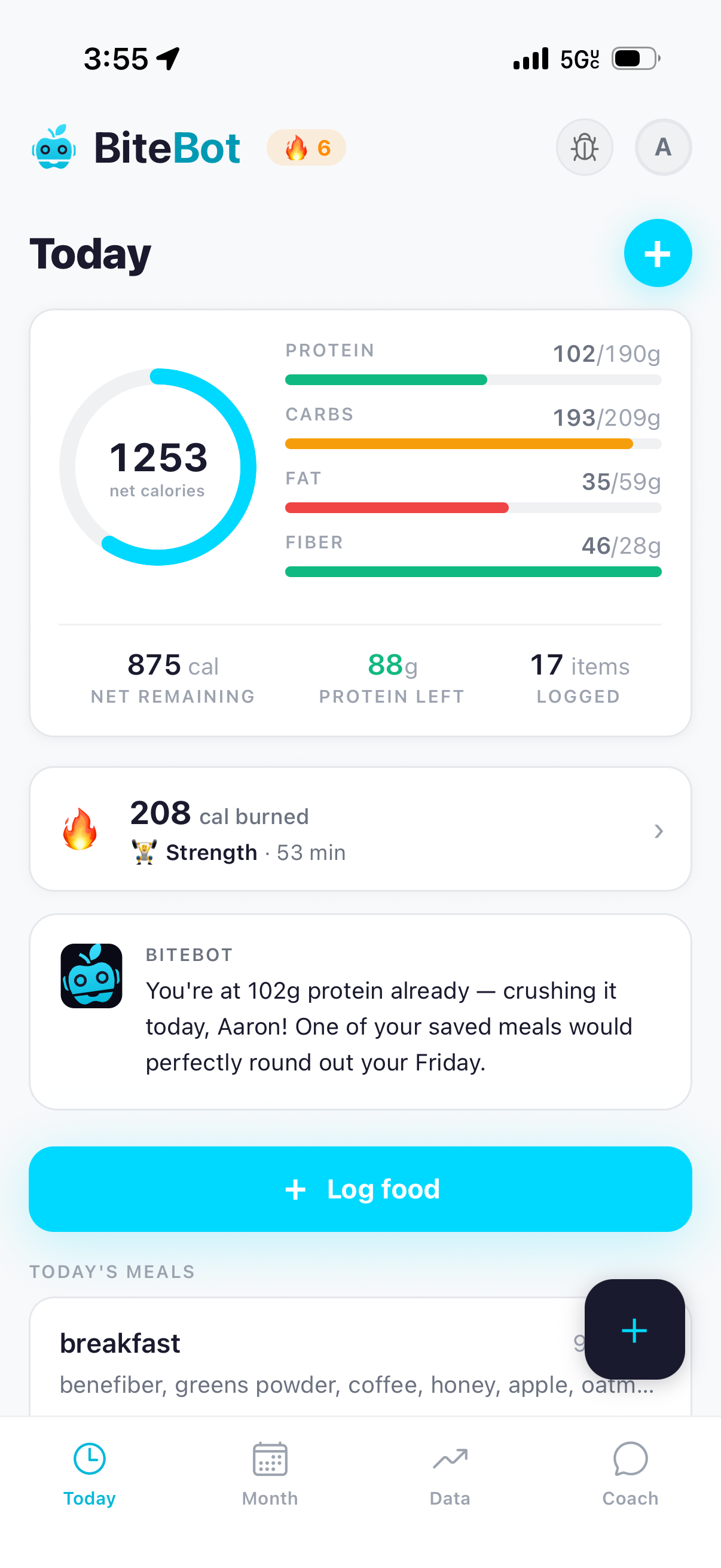 BiteBot post-log success state with '✓ LOGGED · 5 items · 515 cal · ⭐ SAVED: Daily coffee' and a coach follow-up about high-fat content