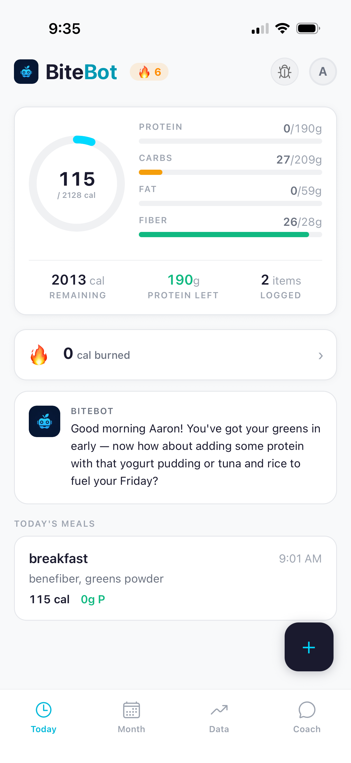 BiteBot Today tab with a morning coach greeting suggesting protein options to fuel the day