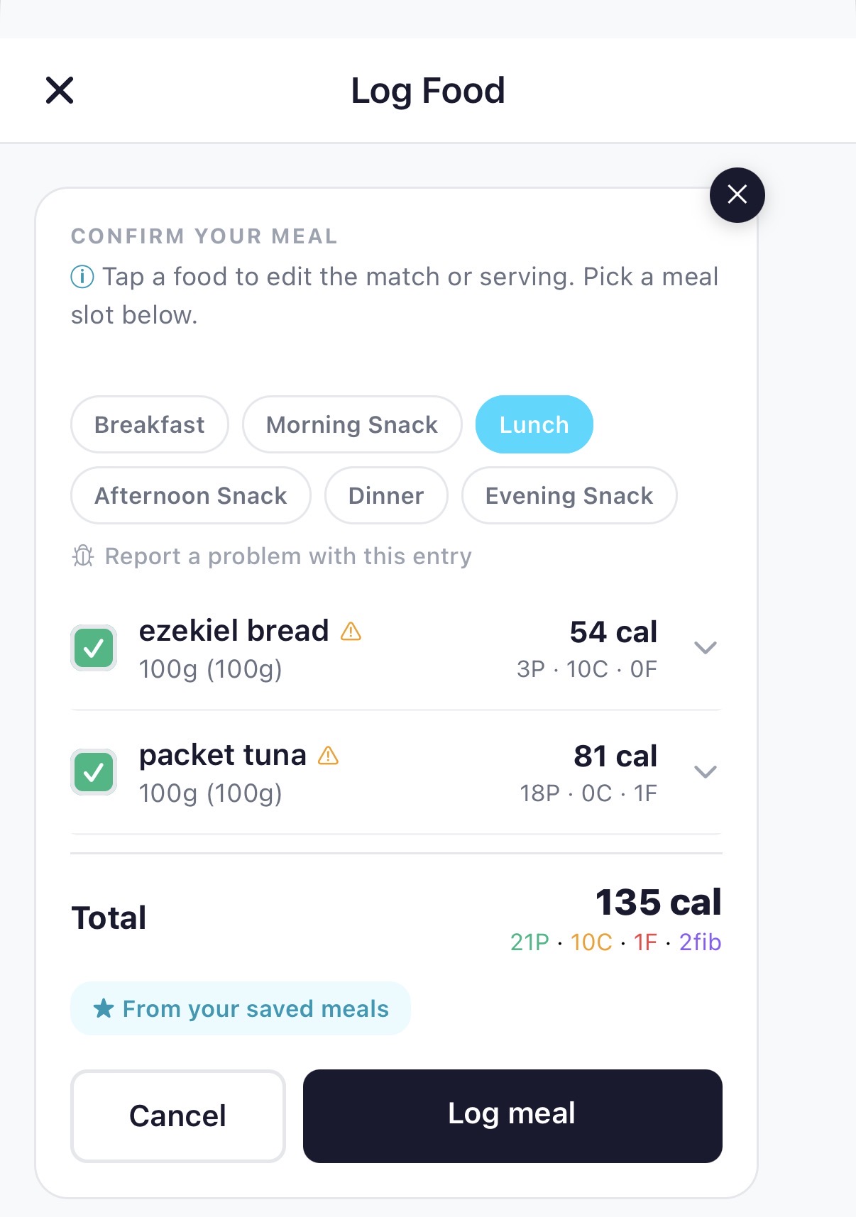 BiteBot confirm card with multiple items, ingredient checkboxes, and a 'Saving to meals' badge active
