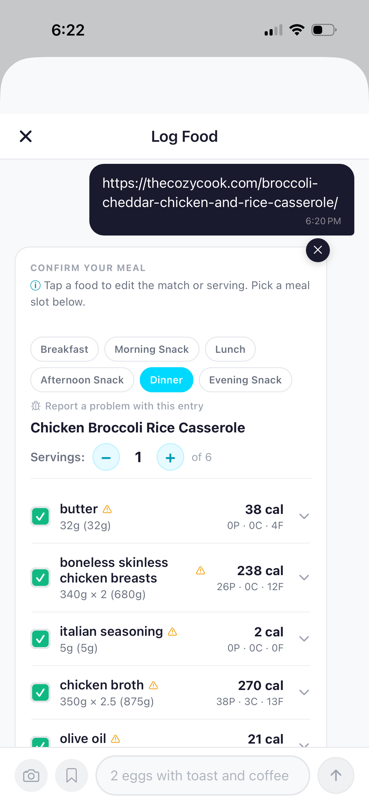 The recipe parsed into Chicken Broccoli Rice Casserole with ingredients broken out and per-serving macros