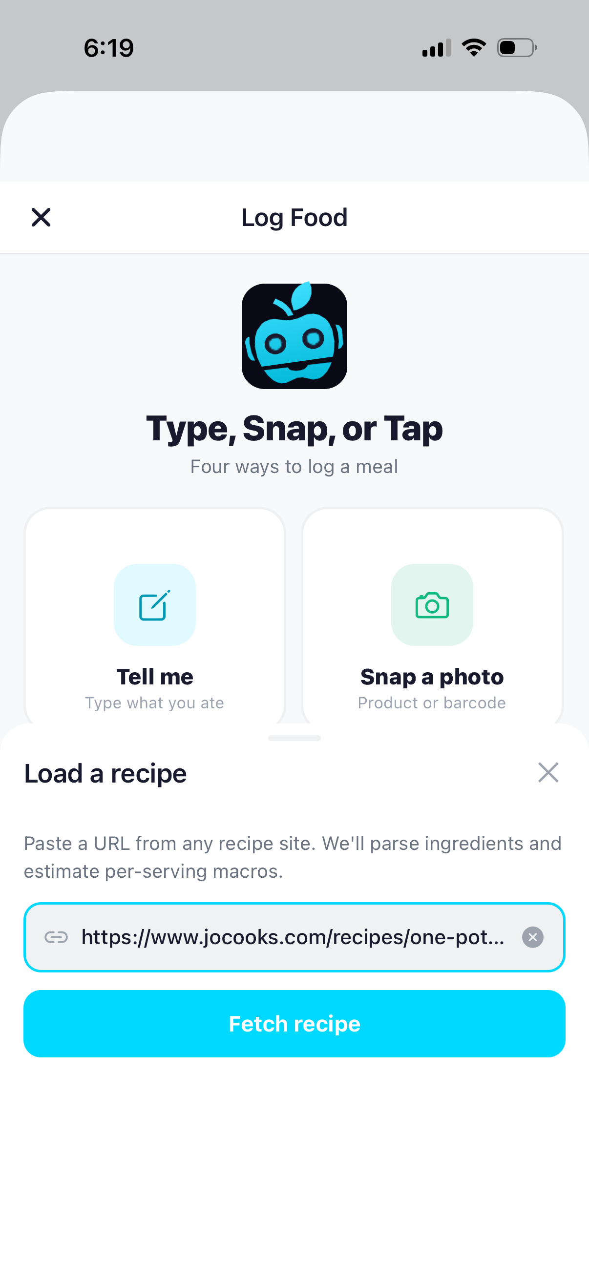 The 'Load a recipe' UI in BiteBot with a jocooks.com URL pasted and a 'Fetch recipe' button visible