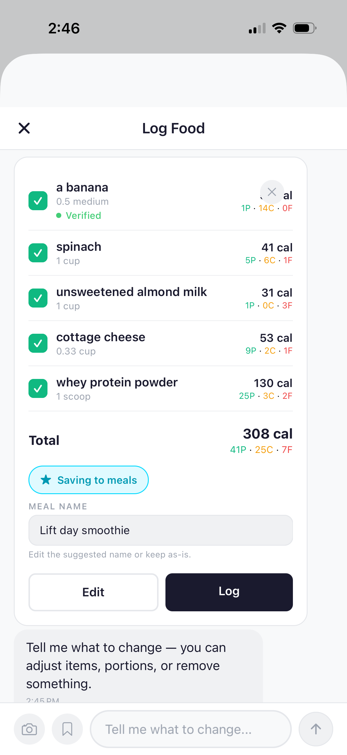 Saving a 'Lift day smoothie' as a meal mid-confirm in BiteBot