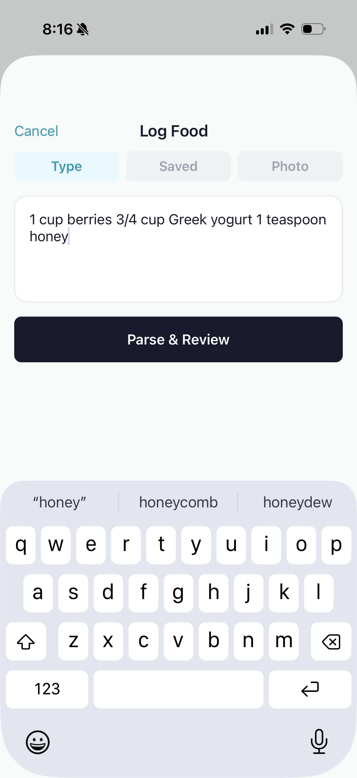 BiteBot food entry — type what you ate