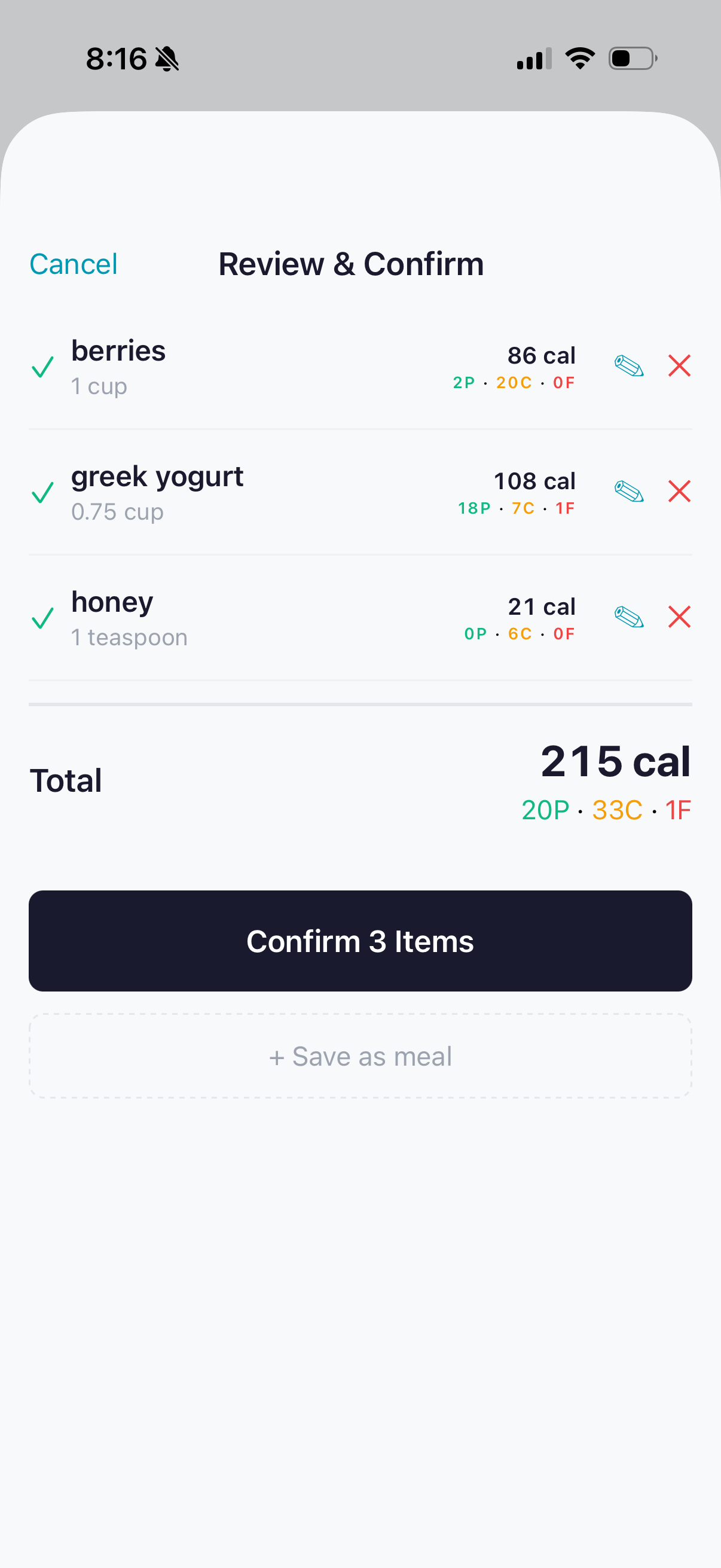 BiteBot review and confirm items