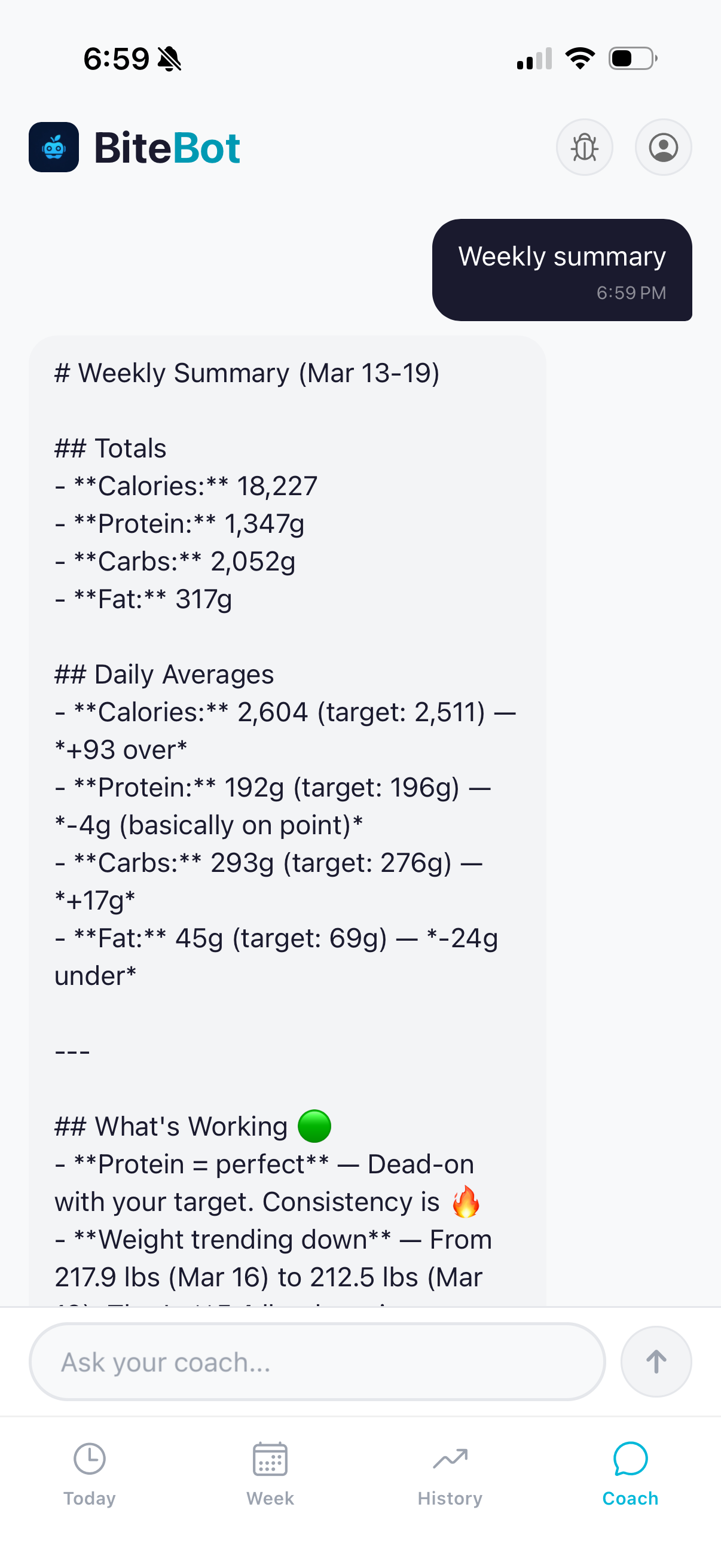 BiteBot AI coach weekly summary