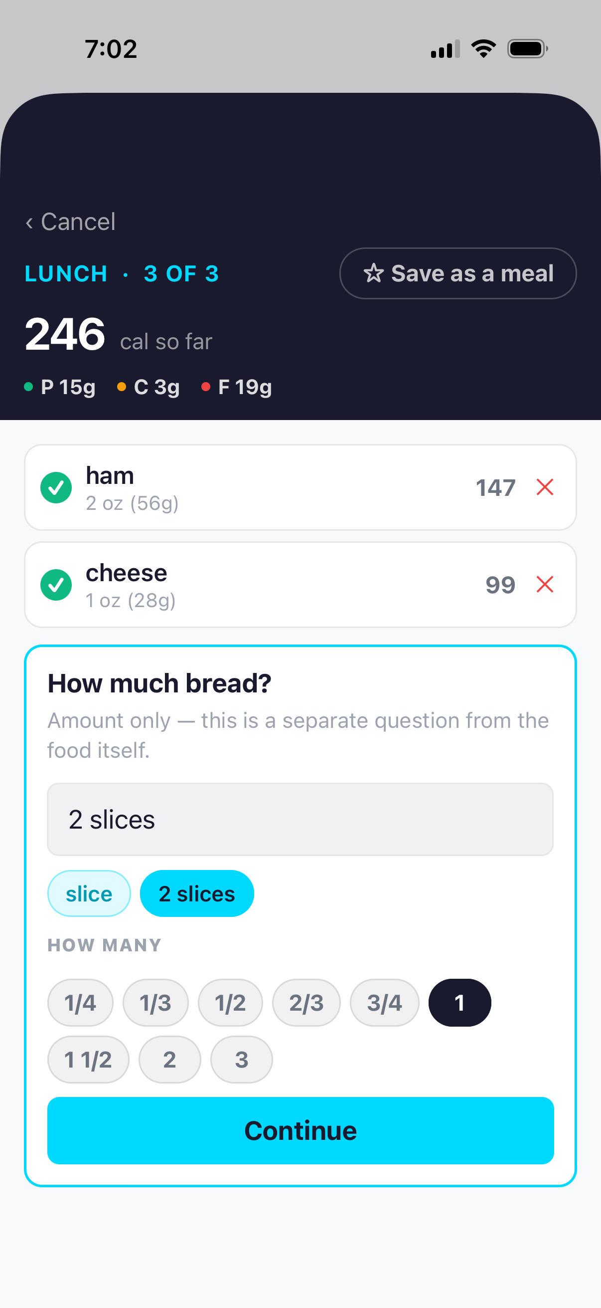 Adding food — choosing a serving size and a quantity