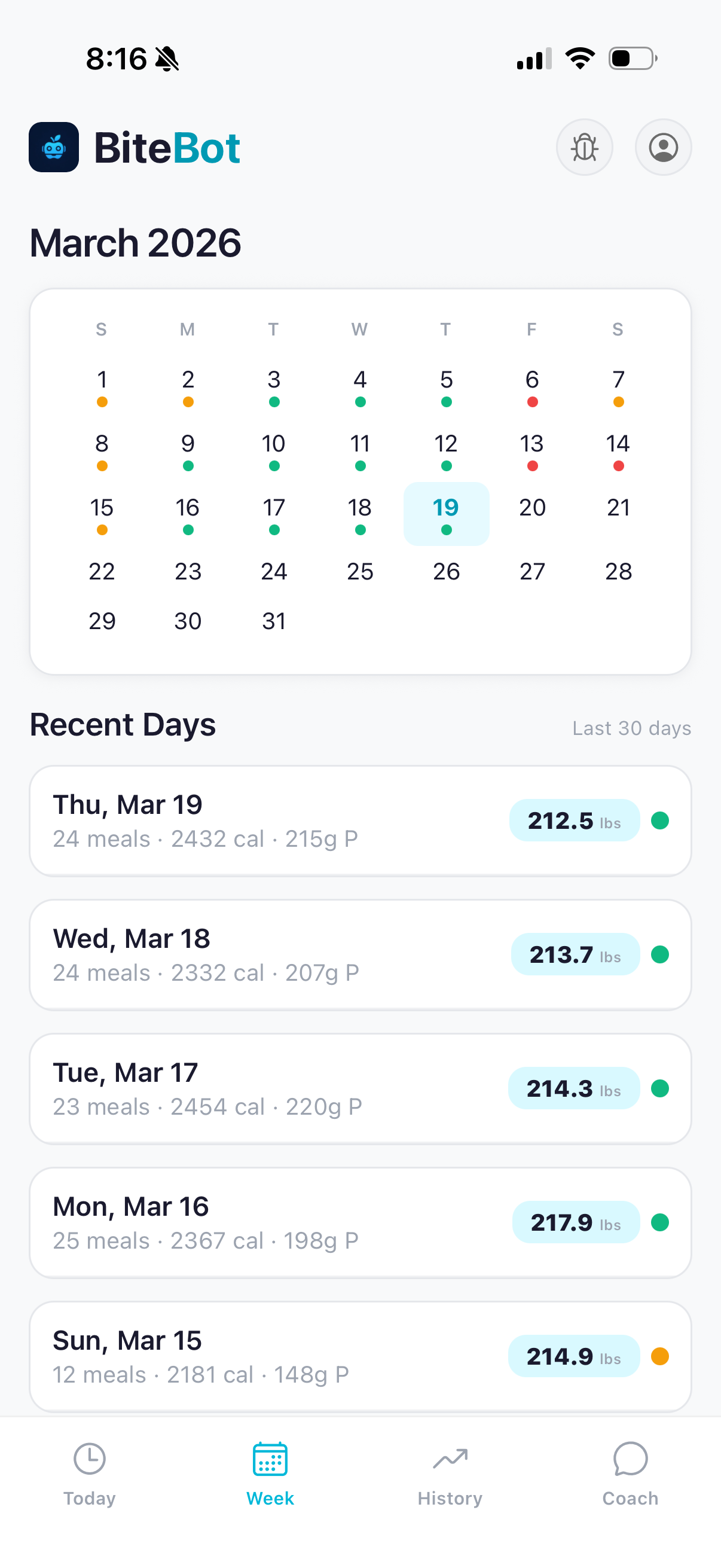 BiteBot weekly calendar view