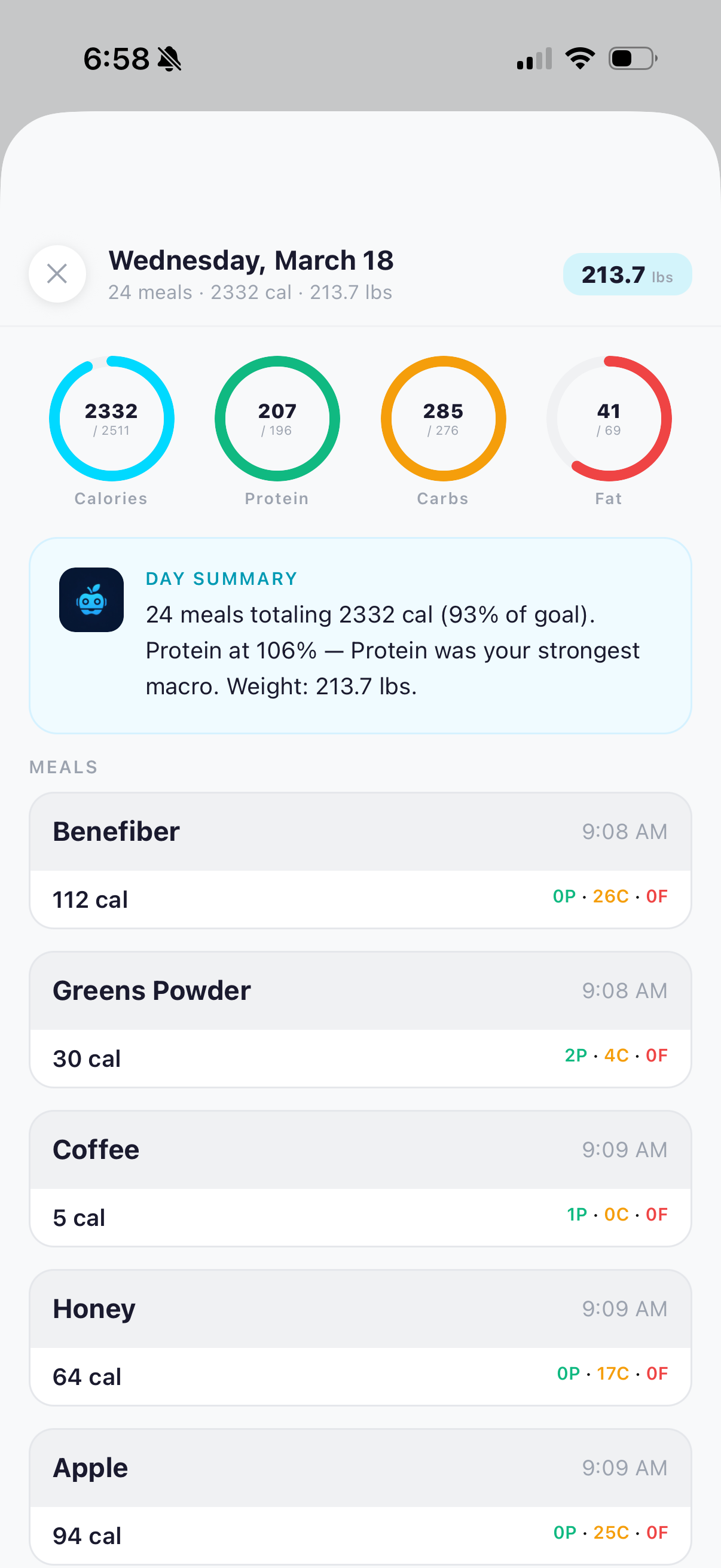 BiteBot day detail breakdown