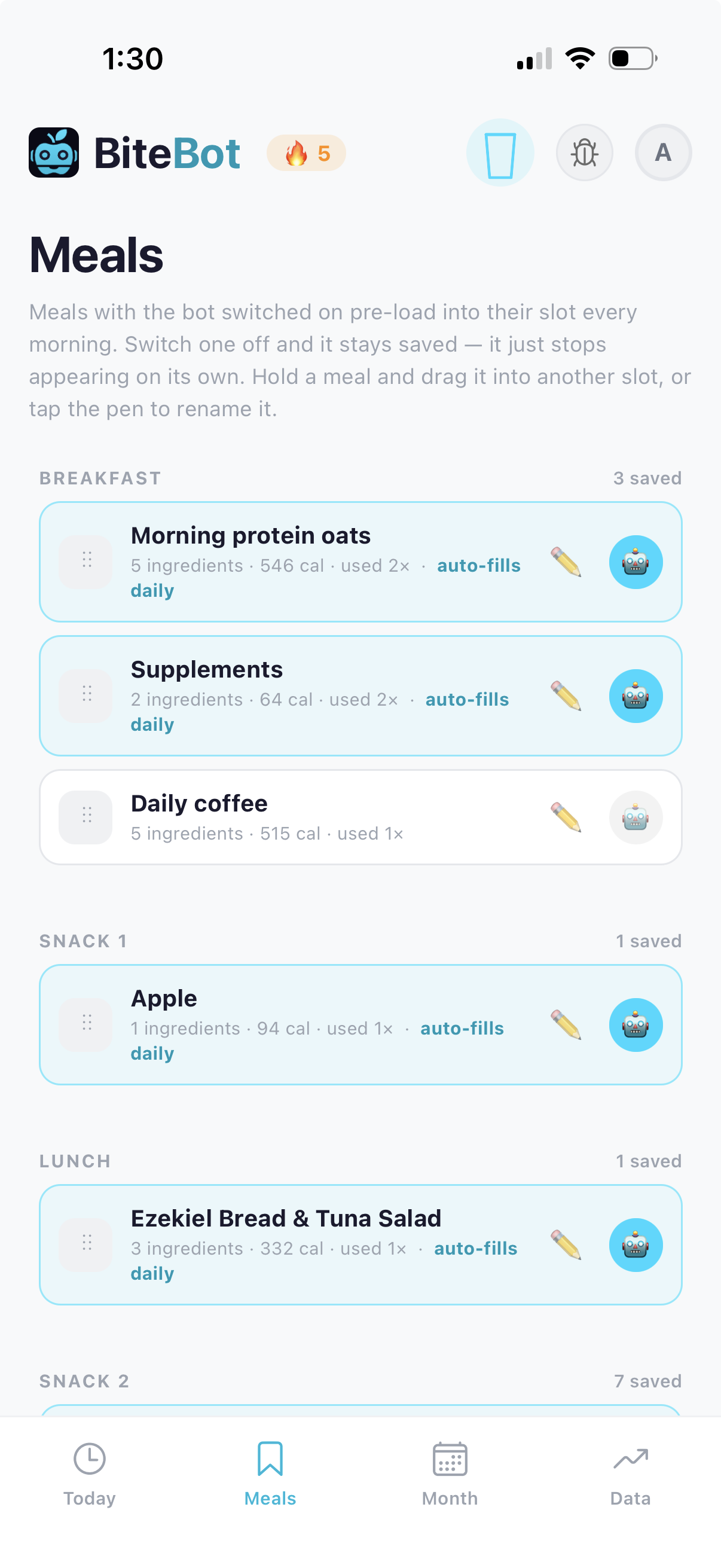 Saved meals grouped by slot with daily auto-fill switches