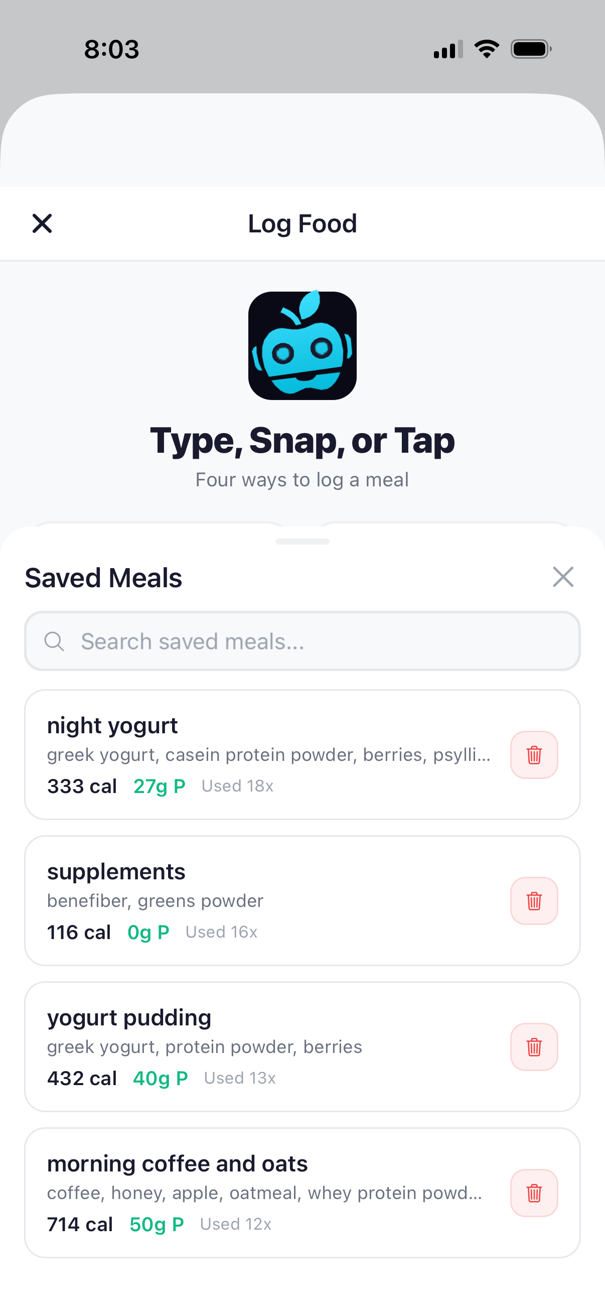 BiteBot saved meals list